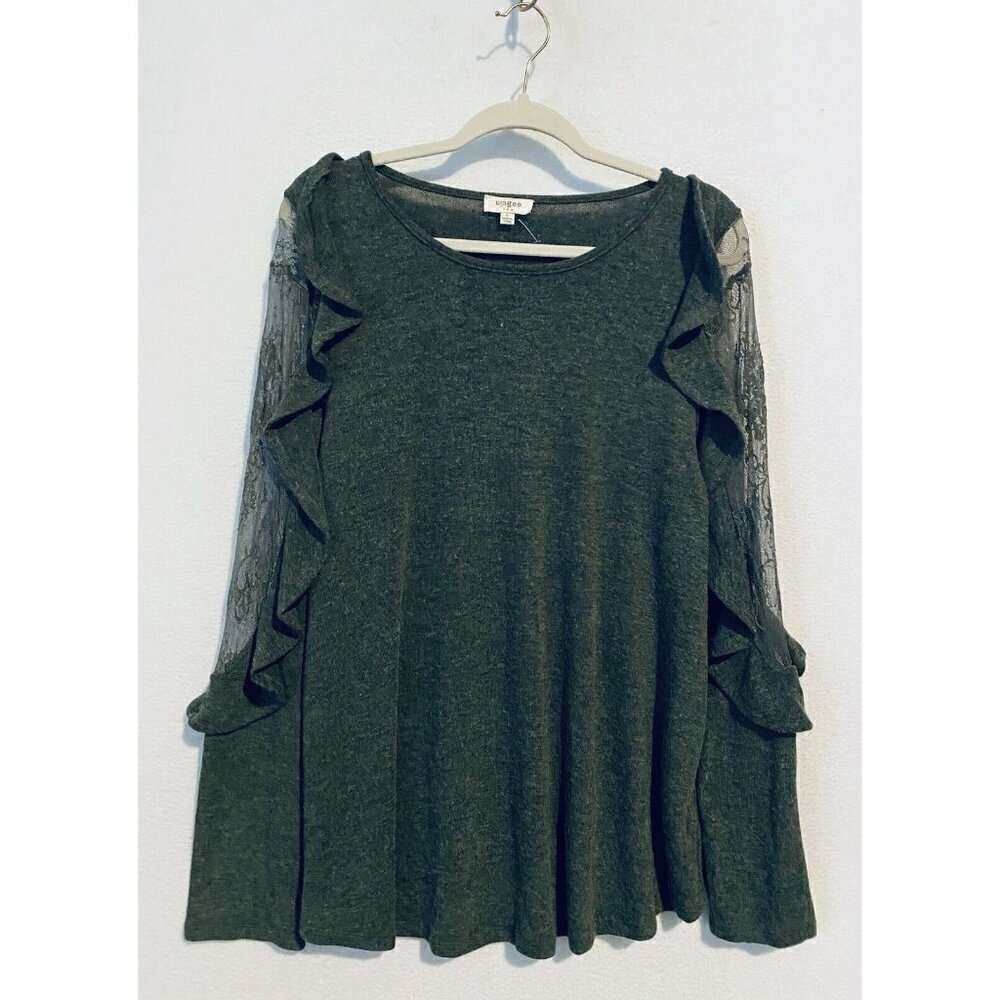 Umgee Sweater Womens Large Green Ruffle Lace Long Sleeve Cottagecore Romantic